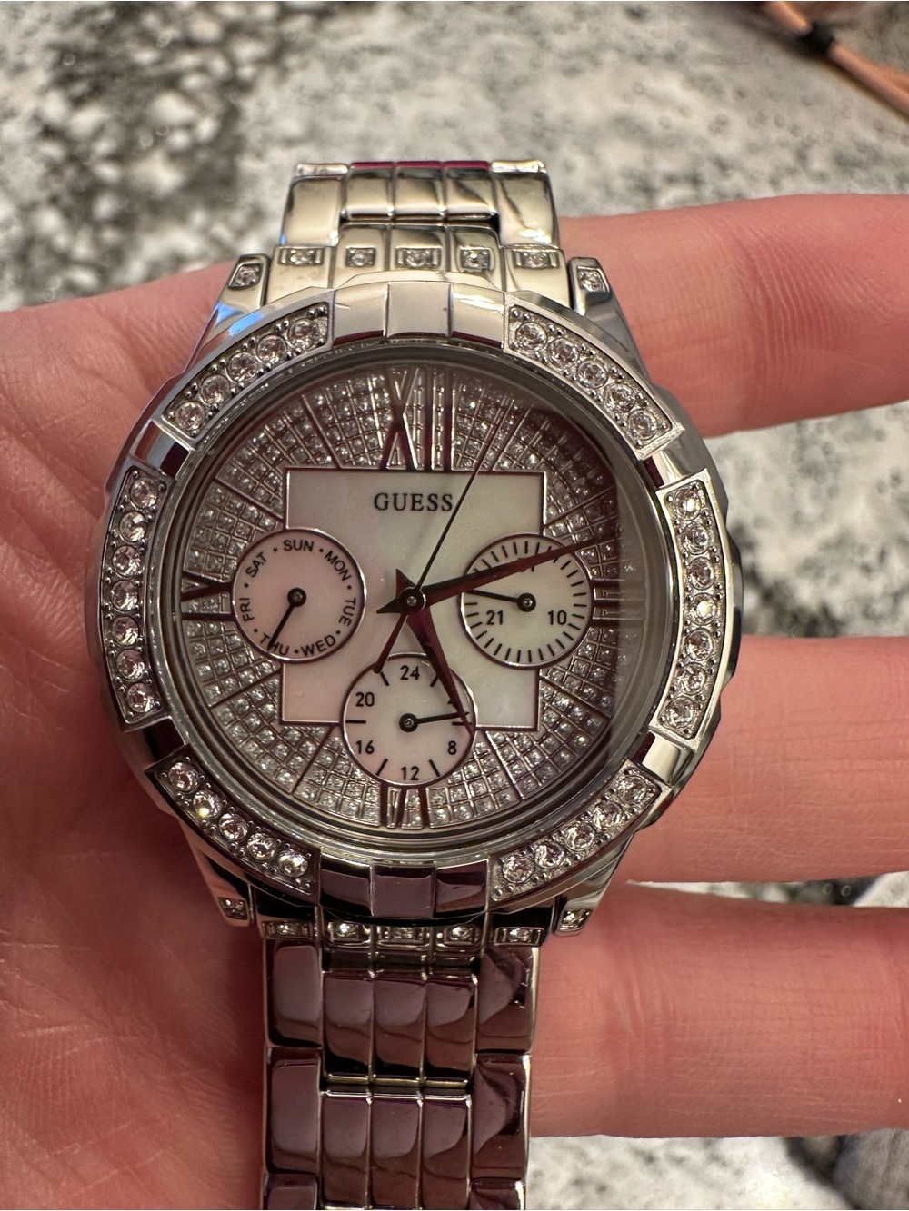 GUESS Silver Crystal-Accent Women's Bracelet Watch with Mother-of-Pearl Dial